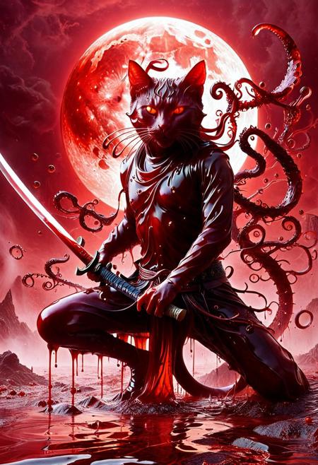 Blood for the Blood God, demonic cat made of flowing blood, glowing white eyes, sitting in a blood-soaked battlefield, surrounded by katana swords, swirling blood tentacles forming from its body, blood mist in the air, blood moon glowing in the background, crimson sky, sharp light reflections on the swords, liquid anatomy in motion, surreal and powerful, highly detailed blood textures, cinematic composition, glowing fog, intense atmosphere, volumetric lighting, wet ground with mirror reflections, dramatic contrast, stylized fantasy illustration, fluid dynamics, sharp focus, mystical energy