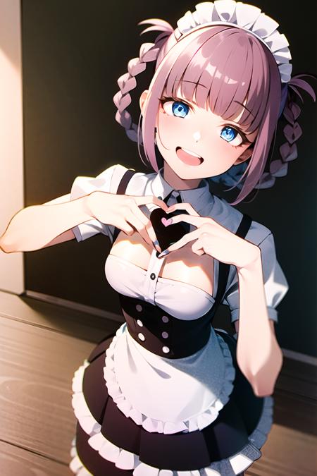 nanakusa nazuna,

1girl, :d, apron, bangs, black skirt, blue eyes, blunt bangs, braid, indoors, head tilt, heart, light blush, looking at viewer, maid, maid apron, maid headdress, open mouth, purple hair, shirt, short hair, side braid, single braid, skirt, smile, solo, teeth, upper teeth only, white shirt

<lora:nanakusa_nazuna_offset:1>