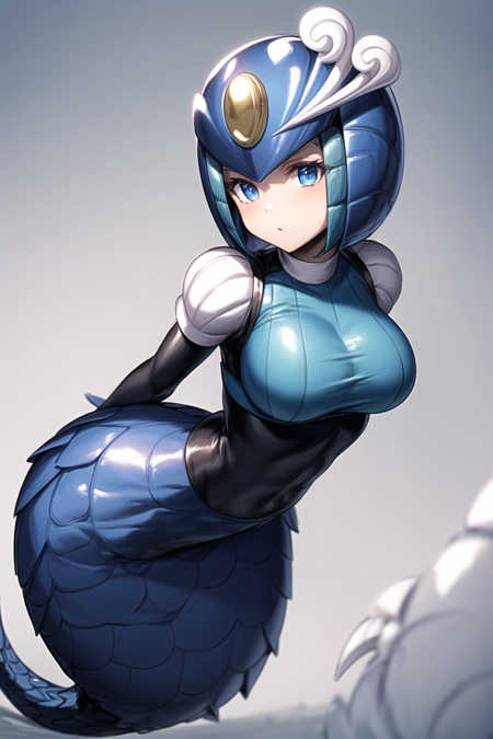splash woman \(Mega man\), blue helmet, mermaid, solo, monster girl, 1girl, android, black suit, elbow gloves, blue eyes, white gloves