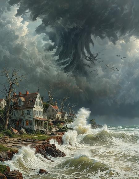 [by Kay Nielsen|by Charles Ginner], A hurricane wreaking havoc on a coastal community