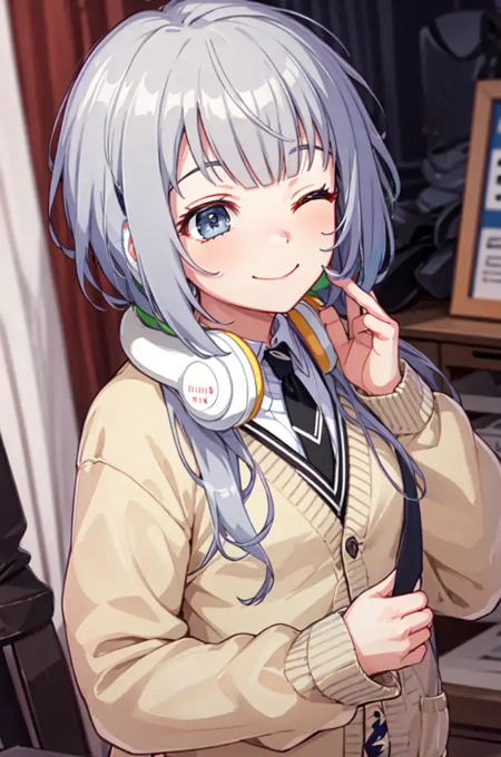 irohawds, blush, smile, blue eyes, shirt, long sleeves, closed mouth, school uniform, white shirt, upper body, one eye closed, necktie, collared shirt, indoors, blurry, sweater, grey eyes, blurry background, headphones, cardigan, curtains, black necktie, ;), headphones around neck