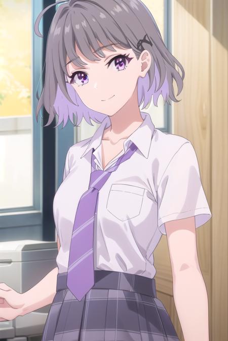 akaritanikita, <lora:akari tanikita s1-lora-nochekaiser:1>,
akari tanikita, short hair, bangs, (purple eyes:1.1), grey hair, multicolored hair, ahoge, smile,
BREAK skirt, shirt, school uniform, white shirt, short sleeves, pleated skirt, necktie, shoes, choker, socks, striped, collared shirt, black footwear, blue skirt, plaid, black choker, plaid skirt, black socks, sneakers, purple skirt, shirt tucked in, striped necktie, purple necktie,
BREAK indoors, classroom,
BREAK looking at viewer, (cowboy shot:1.5),
BREAK <lyco:GoodHands-beta2:1>, (masterpiece:1.2), best quality, high resolution, unity 8k wallpaper, (illustration:0.8), (beautiful detailed eyes:1.6), extremely detailed face, perfect lighting, extremely detailed CG, (perfect hands, perfect anatomy),