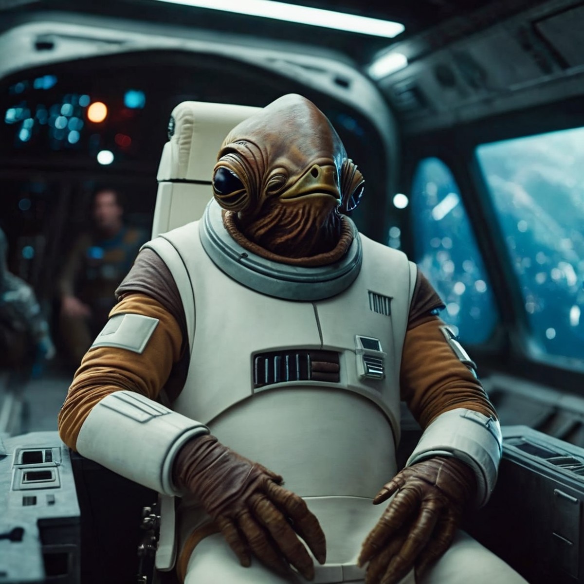 cinematic film still of  <lora:Gial Ackbar:1.2>
Gial Ackbar a person in a space suit sitting in a spaceship In Star Wars U...