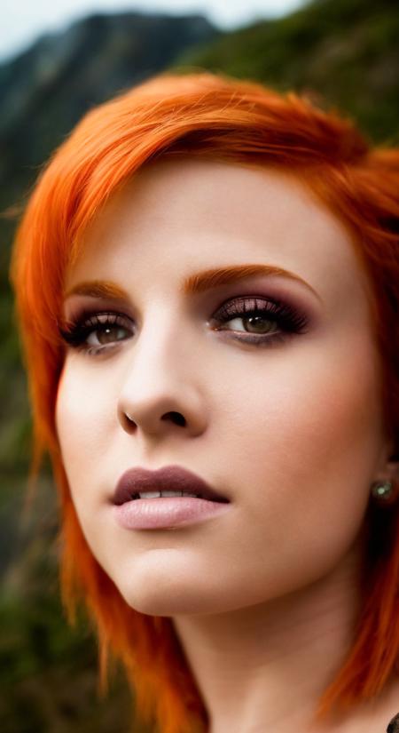 hayley williams (sharp focus:1.2), photo, attractive young woman, (beautiful face:1.1), detailed eyes, luscious lips, (smokey eye makeup:0.85), (medium breasts:1.0), (athletic body:1.2), (wavy hair:1.2), wearing (maxi dress:1.2) on a (cliffside:1.2). (moody lighting:1.2), depth of field, bokeh, 4K, HDR. by (James C. Christensen:1.2|Jeremy Lipking:1.1).