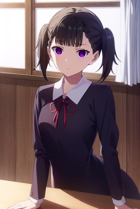 maki shijou, bangs, blunt bangs, (purple eyes:1.1), twintails, two side up, braid, short twintails, brown hair, long sleeves, dress, ribbon, school uniform, black dress, red ribbon, neck ribbon, collared dress, shuuchiin academy school uniform,