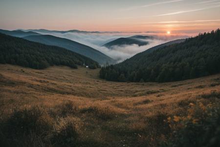 raw photo, a sunset landscape, Carpathian mountains valley temperate forests, Poland forest,  cozy, photorealistic, high detailed texture, 8k uhd, dslr, soft lighting, high quality, film grain, Fujifilm XT3, Sony A7 IV, highly detailed photography, (muted colors, cinematic, dim colors, soothing tones:1.2), vibrant, insanely detailed, hyperdetailed, (dark shot:1.2), (vsco:0.3), (intricate details:0.9), (hdr, hyperdetailed:1.2) (highest coherency: 1.39) (highest quality: 1.39) (rule of Thirds) (award winning) (breathtaking) (masterclass) (vibrant color: 0.79) (foggy: 1.09) (distant ruined chapel distant hillside)