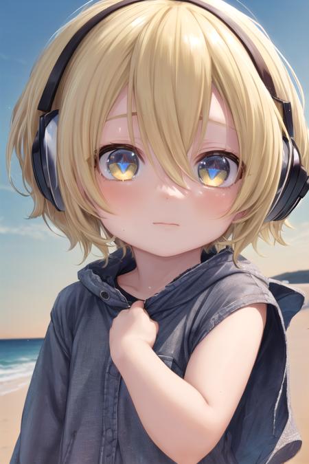 (1boy:1.4),
multicolored background, looking at viewer, hair between eyes, highlight in eyes, (very short hair),
crew cut, (blonde hair:2), (fully clothed :1.4), colorful eyes, ((masterpiece,4:1)),  full shot,
multiple details, sky, sea, beach,  whole body, short hair, handsome, (bulge:0.4), 
beautiful eyes (vocaloid), delicate features, high light in eyes, (narrow chin:1.5), triangle chin,  (introvert:1.6)
petite, young, juvenile, short hair, detailed beautiful little boy, adorable boy, sparkling eyes, (sunset beach), muscular:0.6