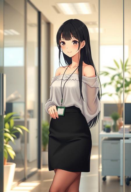 Anime-style shy and beautiful young female secretary standing in a modern office during the day. She has long, smooth black hair and gentle eyes, looking slightly down with a shy smile. She wears an elegant off-shoulder summer transparent thin blouse without straps, with long flowing sleeves, slightly sheer and soft, tucked into a  black pencil transparent very mini skirt that ends just above the knees. She also wears thin, transparent black stockings and modest black heels. A small ID badge hangs subtly at her waist, adding to her reserved posture. Her cheeks are slightly flushed, giving a blushing expression as she stands near the office entrance, uncertain where to go. Background includes bright natural lighting, indoor plants, office desks, and soft shadows. The overall tone is warm and welcoming, with a soft-focus anime style and subtle bokeh effect in the background. Full-body composition, delicate lighting, cinematic mood.