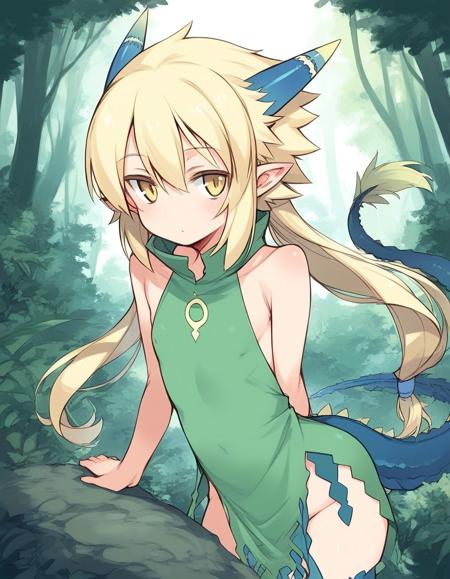 Corlal, blonde hair, pointy ears, yellow eyes, horns, tail, long hair, dragon tail, flat chest, hair between eyes, low-tied long hair,