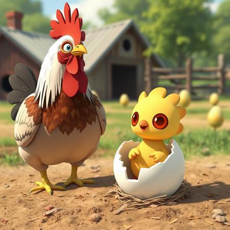 a surprised chicken watches as her egg hatches and a baby hoothoot from pokemon emerges from the egg, farm backdrop,