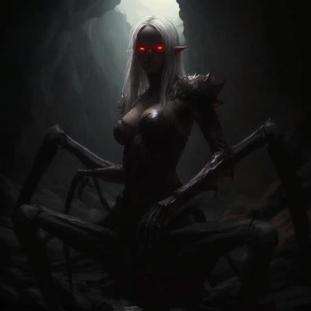 highly detailed photo of a (drider):1.1 in a cave,
1girl, solo:1.2, no humans, 
(spider legs, arthropod limbs, multiple legs):1.3,

long hair, holding, sword,
white hair, armor, 
breasts, cleavage, spikes,

looking at viewer,
elven female face, arachnid body has spider legs,

realistic:1.0, depth of field, blurry, blurry background,

light and dark,
silhouette lighting,
best quality, intricate details,
photorealistic:1.1, 
professional lighting:1.1,







