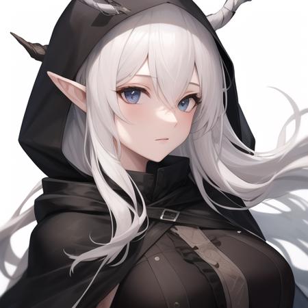 masterpiece,best quality,absurdres,highres,1girl,solo,upper body,(portrait:1.2),very_long_hair,horns,black_cloak,floating_hair,knee_boots,thigh_strap,pointy_ears,black_footwear,black_dress,hooded_cloak,bangs,knee_pads,white_hair,sidelocks,hair_between_eyes,large_breasts,<lora:Shining(ark)>,