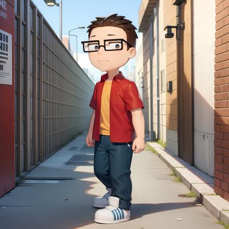 ((masterpiece, best quality)),(complex lighting), 1boy,full body,solo, Steve smith,   <lora:SteveSmith1-10:0.6>,glasses, red jacket, short sleeves jacket, shirt, open clothes,walking, simple background, black eyes, cleft chin