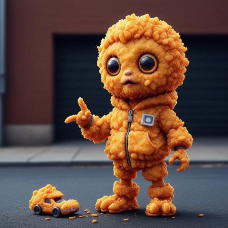 DFC, a realistic little chibi robot is wearing a orange and yellow hoodie made of deep fried & crispy breading and fried & crispy breading slippers on the street eating fried & crispy breading chicken
