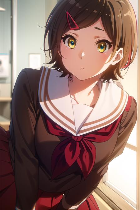 hazukikatou, <lora:hazuki katou s2-lora-nochekaiser:1>,
hazuki katou, short hair, brown hair, hair ornament, (yellow eyes:1.3), hairclip,
BREAK skirt, shirt, long sleeves, school uniform, pleated skirt, serafuku, neckerchief, (brown skirt:1.2), white sailor collar, (brown shirt:1.2), kitauji high school uniform, (red neckerchief:1.5),
BREAK indoors, classroom,
BREAK looking at viewer, (cowboy shot:1.5),
BREAK <lyco:GoodHands-beta2:1>, (masterpiece:1.2), best quality, high resolution, unity 8k wallpaper, (illustration:0.8), (beautiful detailed eyes:1.6), extremely detailed face, perfect lighting, extremely detailed CG, (perfect hands, perfect anatomy),