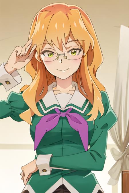 best quality, masterpiece, highres, solo, {chibana_sumika_watashinoyuriwaoshigotodesu:1.15}, long_hair, blonde_hair, glasses, green_eyes, smile