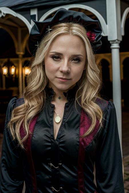vampire costume ,  gazebo , day  <lora:Sarah_Jane_Honeywell:1> masterpiece,best quality, detailed face, 1girl, solo, sj1873h, blonde_hair