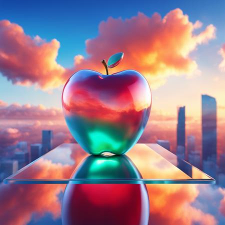 a floating massive apple made of glass in the sky, abstract world, clouds, vibrant colors, 3D, rule of thirds, <lora:MirrorsEdge:1>, highly detailed, photorealistic, octane render, Mirror's Edge style,