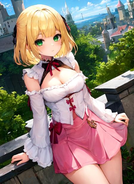 (best quality), (masterpiece), 1girl, anisphia_wynn_palettia, green eyes, medium breasts, blonde short hair, castle, pink skirt
 <lora:anisphia_wynn_palettia_v25:1.0>