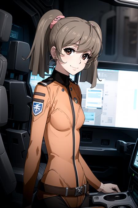 best quality, masterpiece, detailed,
<lora:SpaceBattleshipYamato2199_MisakiYuria:0.9>, misakiyuria,
closed mouth, light smile,
brown hair, straight hair, twintails, brown eyes, hair scrunchie,
MisakiBodysuit, orange bodysuit, belt,
standing, head tilt, leaning forward, looking at the viewer, from side,
science fiction, cockpit