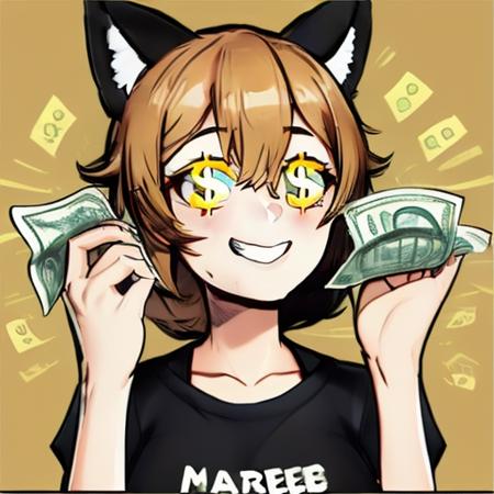 1girl, dollar sign,animal ears, solo, blonde hair, breasts, long hair, 1boy, male focus, solo, white background, simple background, brown hair, teeth, clenched teeth, grin, smile, yellow shirt, motion lines<lora:dollarEyes:1>