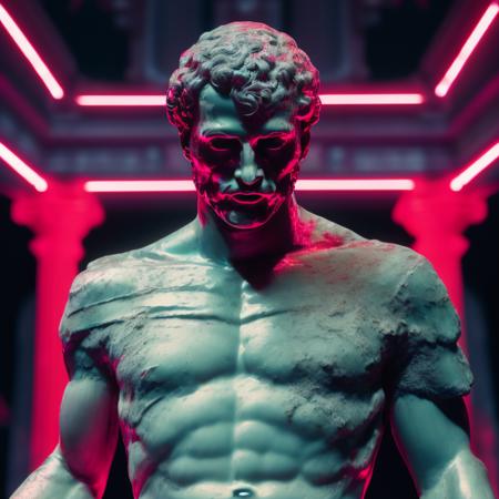 a close up of a statue with lines coming out of it, by Mike Winkelmann, holography, vaporwave!, octane render, greek god, blind, neon roman, stoic attitude