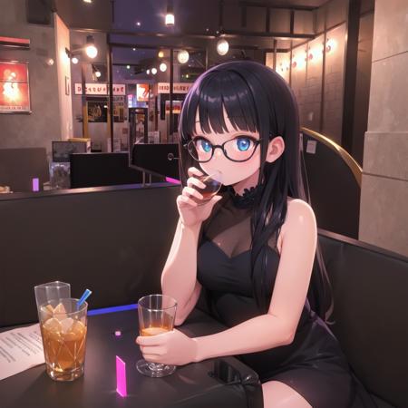 best quality, ultra-detailed, illustration,
sc1, scenery, night, lights, indoors, light, neon lights, couch, table,
1girl, glasses, black hair, long hair, black dress, drinking glass, 
 <lora:SC1_SD15_V1:1>