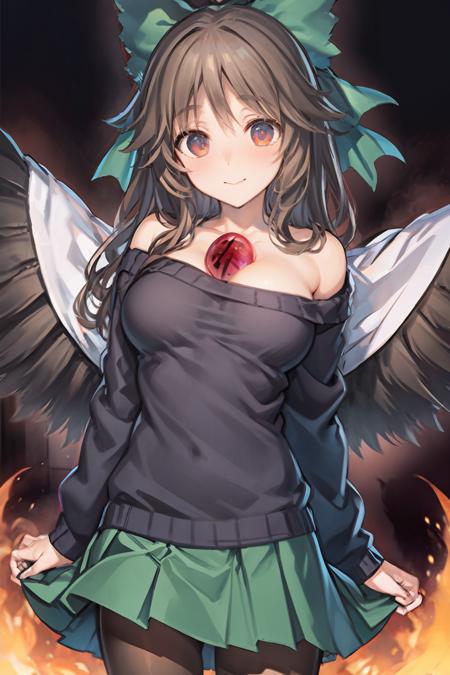 masterpiece, best quality, <lora:ReiujiUtsuho:1>,1girl, reiuji utsuho, solo, green bow, bow, hair bow, skirt, wings, long hair, green skirt, red eyes, smile, pantyhose, brown hair, sweater, breasts, off shoulder, third eye, off-shoulder sweater, looking at viewer, bare shoulders, blush, heart, miniskirt, black wings, large breasts, black pantyhose, collarbone, alternate costume, ribbed sweater, long sleeves, pleated skirt, cape, cowboy shot, cleavage, arm cannon, bird wings, black hair <lora:style01:1>