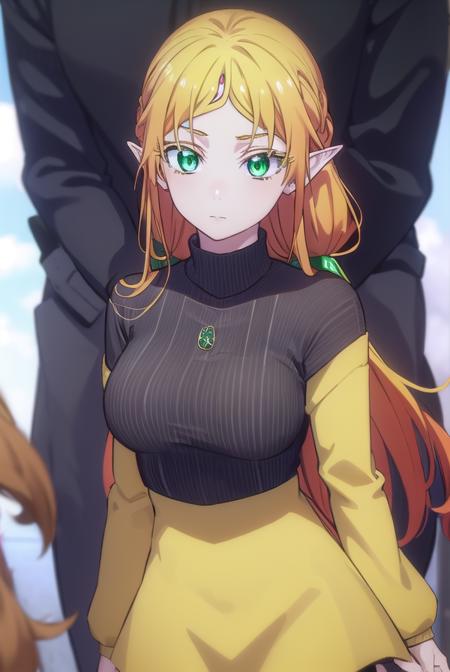 tsundereelf, <lora:tsundere elf s1-lora-nochekaiser:1>,
tsundere elf, long hair, blonde hair, (green eyes:1.5), pointy ears, elf, multicolored hair, forehead jewel,
BREAK long sleeves, turtleneck bodysuit, pantyhose, sweater, (black sweater:1.2), dress, (yellow dress:1.5),
BREAK outdoors, forest, nature, sun, sky, clouds,
BREAK looking at viewer, (cowboy shot:1.5),
BREAK <lyco:GoodHands-beta2:1>, (masterpiece:1.2), best quality, high resolution, unity 8k wallpaper, (illustration:0.8), (beautiful detailed eyes:1.6), extremely detailed face, perfect lighting, extremely detailed CG, (perfect hands, perfect anatomy),