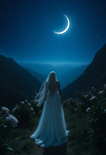A woman, dressed in a long white wedding dress, was walking down a path in a deep valley to the top of a high mountain, her long silver hair hanging down her back like a moonlight waterfall. She looked up at the white crescent moon in the night sky, her perfect figure silhouetted through her gauze dress. The hills on either side of her were full of roses. The stars in the night sky make a beautiful picture.