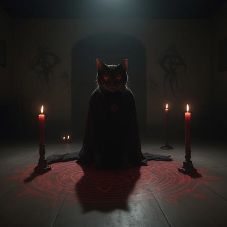 A dark, unsettling occult ritual scene in a dimly lit, candlelit room. In the center, a grotesque and disturbing cat, with unnatural eyes glowing eerily, stands surrounded by arcane symbols drawn in red chalk on the floor. The cat's fur is matted and unnervingly twisted, with exaggerated, malformed features like unnaturally long claws and an unsettling expression. Its body is distorted in a way that seems unnatural and otherworldly. The scene is filled with ominous details: shadowy figures in dark robes watching from the edges of the room, strange, bloodstained objects scattered about, and the flickering, sinister shadows cast by the candles. The atmosphere is thick with an air of malevolence, and the air feels dense with dark energy, as if the ritual is about to reach a terrifying climax. The entire scene is photorealistic, with high detail on the disturbing features of the cat, the unsettling ambiance, and the dark surroundings that feel oppressive and terrifying