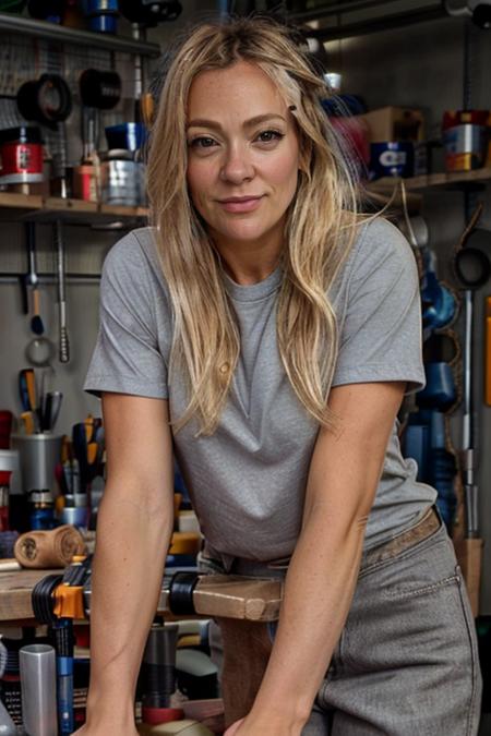 <lora:Cherry_Healey:1> masterpiece, best quality, detailed face, 1girl, solo, realistic, c1873h, blonde_hair, payne's gray tshirt, garage, leaning on a workbench