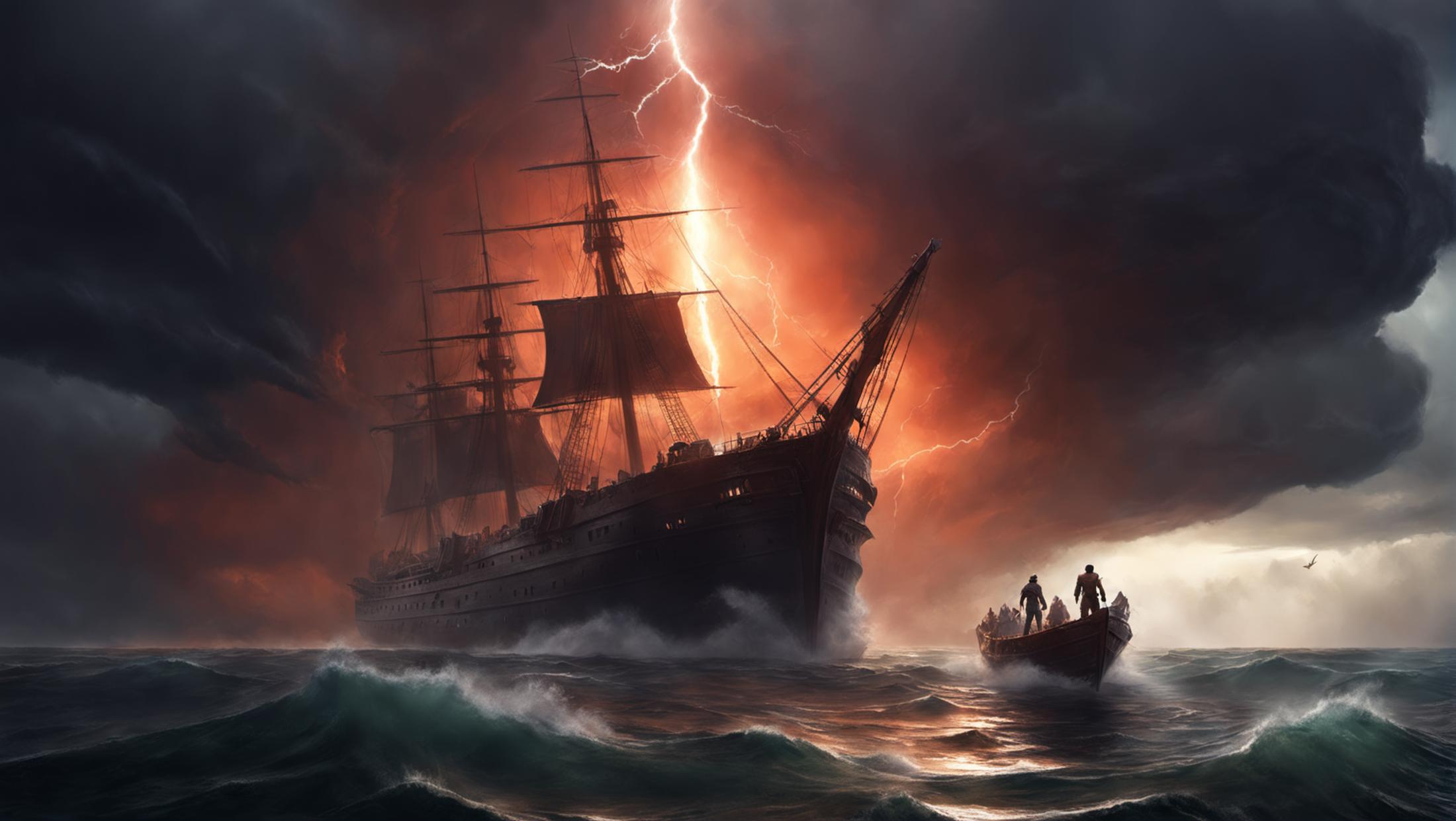 A painting of a large pirate ship in the ocean with lightning in the background.