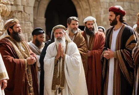 dozen pharisees gathering, arguing and plotting something, aggression and hate on their faces, threatening gaze,
at  Sanhedrin court, epic biblical depiction, 35BC era,  a scene depicting a group of Pharisees clad in traditional Jewish garments, including robes, prayer shawls, and tunics, adorned with conspicuous fringes and phylacteries strapped to their left arms and foreheads. Their expressions should convey a mix of intensity, piety, and perhaps a hint of aggression, capturing the essence of their strict adherence to religious laws and traditions. The setting should evoke a sense of heated discussion or argument among the Pharisees, emphasizing their distinctive clothing styles and symbols that defined their appearance in historical contexts.
intricate details, natural skin, sharp focus, ultra wide angle, 35mm telephoto,