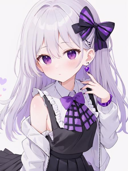 1girl, solo, heart, halo, jewelry, purple eyes, long hair, braid, bow, white hair, shirt, looking at viewer, earrings, white background, bangs, off shoulder, black bow, closed mouth, purple nails, hair between eyes, sleeveless, frills, bowtie, upper body, sleeveless shirt, jacket, striped, skirt, simple background, white jacket, ribbon, hair ribbon, blush, black skirt, hand up, long sleeves, hair bow, breasts, striped shirt, bracelet, purple bow, nail polish, sparkle, high-waist skirt, black ribbon