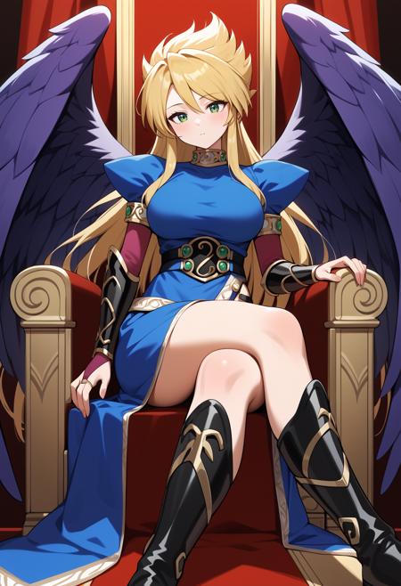 aanina, long hair, blonde hair, green eyes, large breasts, feathered wings, purple wings, blue dress, puffy sleeves, bridal gauntlets, side slit