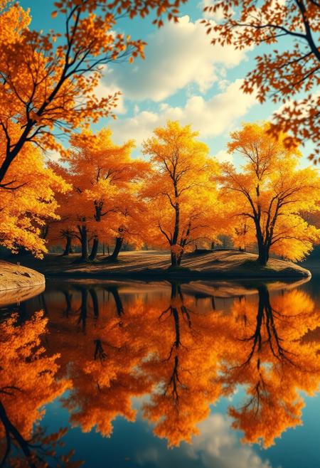 Stunning detail reflection of golden and orange katsura trees around a natural round lake, autumn, realistic, wide shot, art style of Studio Ghibli, magical, whimsical atmosphere, vibrant colors, beautifully lit, serene landscape