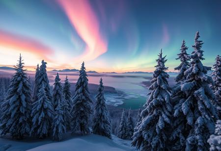 Artistic photograph, arctic landscape at dusk, aurora borealis swirling above, pastel colors of pink, blue, and green, snow-covered trees in the foreground, frozen river in the background, misty atmosphere, soft focus, warm lighting, DSLR, high resolution, detailed textures, intricate details, cinematic look.