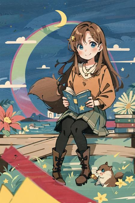 1girl, ((Madder Lake)), flower, blue eyes, long hair, star (symbol), pantyhose, solo, smile, squirrel, hair ornament, boots, brown hair, skirt, sitting, crescent moon, blush, book, rainbow, necklace, Otter