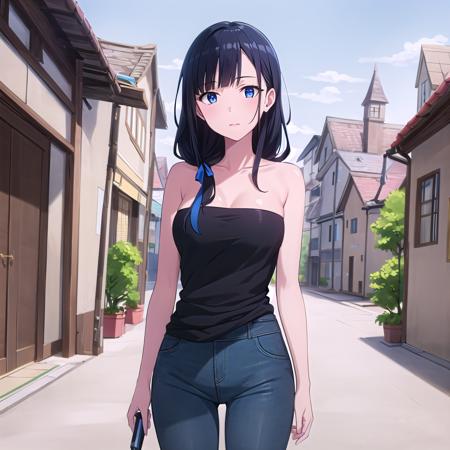 best quality, (masterpiece:1.2), highly detailed, medieval, city,
1girl, solo, <lora:chara_GATEJietai_KurokawaMari_v1:0.7>, kurokawa mari, 
standing, looking at viewer, 
blue eyes, blackhair, long hair, ribbon, pants, denim, strapless dress