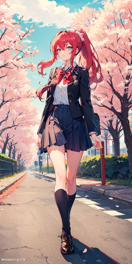 ((masterpiece,best quality)),(negative space),(1girl),beautiful detailed eyes, kita high school uniform, cherry blossoms, ponytail, (school path), road sign, walking,