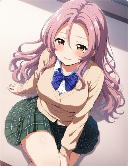 1girl,  <lora:batogarenge:0.9>,batogarenge,
long hair, mole under eye, pink hair, pink eyes, brown eyes,brown cardigan, long slevees, blue bowtie, plaid skirt, green skirt, school uniform,
, ultra resolution image,