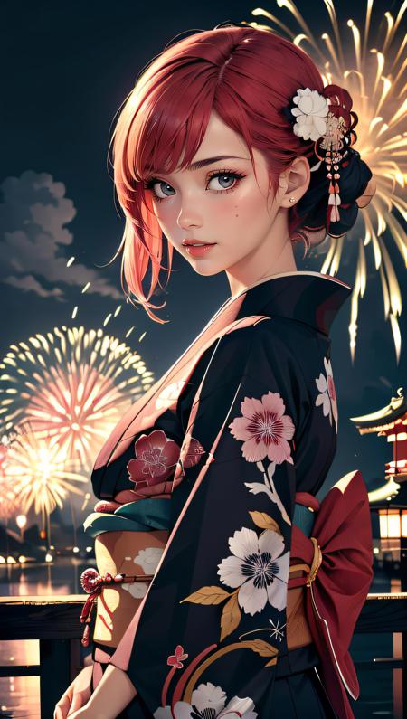 (best quality, masterpiece, colorful, dynamic angle, highest detailed)upper body photo, fashion photography of a cute marocco  girl with iridiscent pink hair, flirting with POV, in traditional japanese gold&black kimono, ultra detailed kimono textures, high contrast, night, kyoto, fireworks,  (intricate details, hyperdetailed:1.15), detailed, moonlight passing through hair, (official art, extreme detailed, highest detailed),