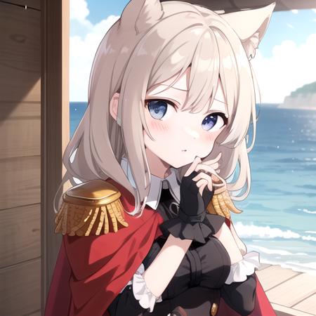 ((masterpiece)),(best quality),official art,extremely detailed CG,unity 8k wallpaper,ultra detailed,A lighthouse on a cliff by the sea,1girl,solo,upper body,(portrait:1.2),blonde_hair,heterochromia,blue_eyes,red_eyes,red_cape,long_hair,animal_ears,black_dress,looking_at_viewer,lion_tail,blush,epaulettes,tiara,frills,thigh_strap,frilled_dress,lion_ears,medium_breasts,wrist_guards,partially_fingerless_gloves,corset,<lora:Archetto(ark):0.8>,