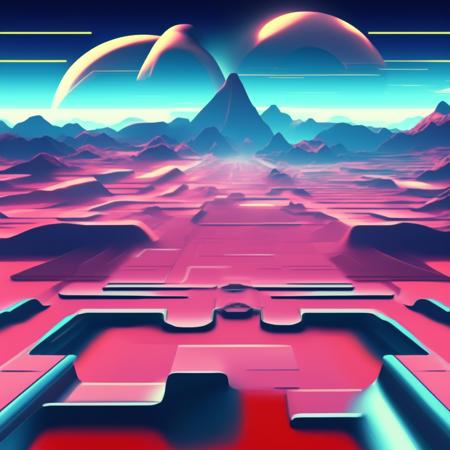 (retrohorizon style:1) an image of a futuristic landscape with mountains in the background <lora:djzRetroHorizonV21_LoraBooth:1>