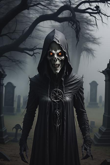 fantchar, a frightening creature with a demonic face and a wraith body walking through a foggy moonlit cemetery at night, ghostly, hooded, fire eyes, transparent, spectral, vapor, realistic, candles, moon, ceremonial, smoke, creepy, terrifying, terror, horror, pentagram, highly detailed, intricate