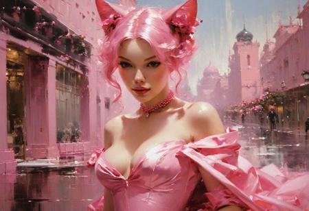 pink catgirl, masterpiece, award wining, trending, , high quality, delicate, oil painting, by Jeremy Mann, Pino Daeni