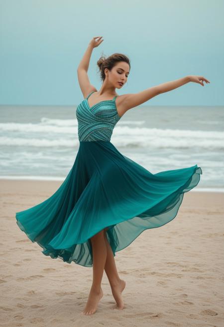 lazypos,lazyhand, lazyreal, film grain, ultrarealistic 4k, photoart_style, full-body image of a woman in mid-twirl, skirt swaying in spirals of teal and aqua, arms extended like a dancer’s arabesque, wearing a fitted marine-green bodice, bare feet on sand, distant horizon of navy waves and pastel sky, extreme detail on motion blur of fabric and highlights on her skin