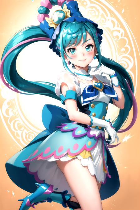 best quality, best aesthetic, masterpiece, intricate details, BREAK 1girl, solo, cure spicy, magical girl, solo, smile, blush, closed mouth, looking at viewer, gloves, standing, contrapposto, open stance, (dynamic pose), light particles, short sleeves, blue bow, brooch, bow, earrings, dress, high heels, colorful background, BREAK, <lora:CURE_SPICY-09:0.8>