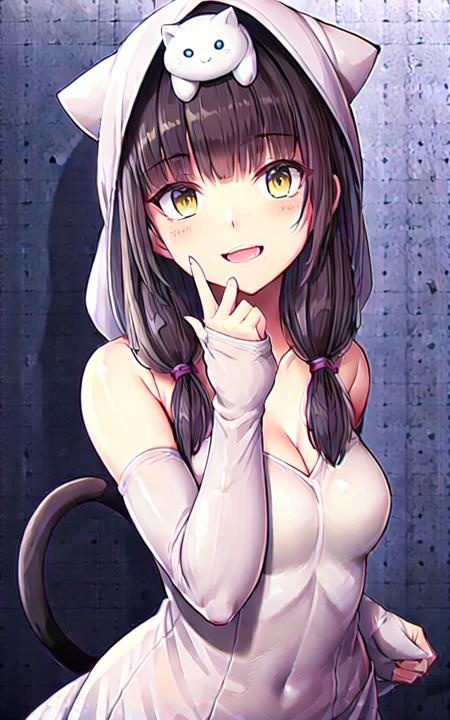 ((masterpiece)),(((best quality))), ((ultra-detailed)), ((illustration)), finely detail, extremely detailed CG unity 8k, highres, {beautiful detailed eyes}, finely detail,  beautiful detailed eyes, (dungeon background),Smile
1girl, (solo:1.5), ((wedding dress,bridal veil, bridal gauntlets)), cat ears,((cat on head:1.5)), cat tail, cat hood, cat girl, standing,upper body,